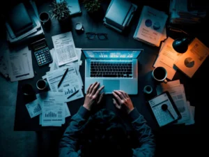 Gestresste boekhouder werkplek van bovenaf: laptop met spreadsheets, verspreide documenten, rekenmachines op donker bureau