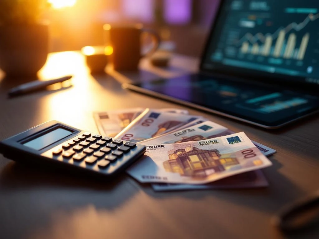 Moderne bureauopstelling met calculator, euro bankbiljetten en tablet met financiële grafieken voor Belgische boekhouding