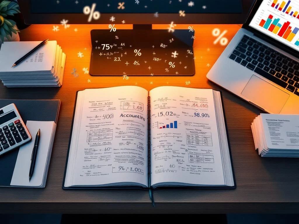Boekhoudkundig handboek met financiële formules op modern bureau, omringd door calculator, facturen en laptop met spreadsheets