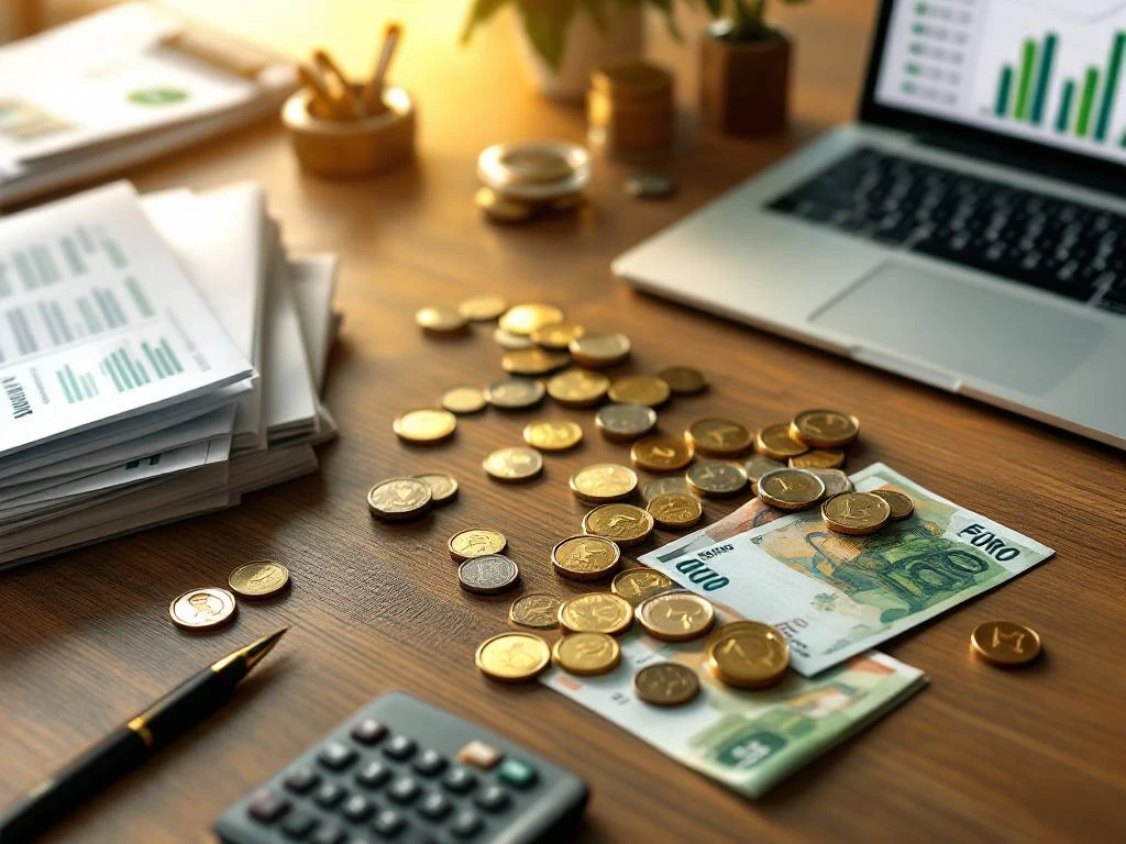 Professionele boekhouder werkplek met laptop, rekenmachine, financiële documenten en euro bankbiljetten op houten bureau