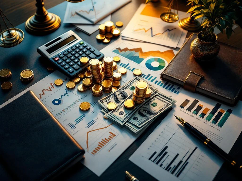 Moderne kantoorbureau van bovenaf met gouden munten uit calculator, dollarbiljetten en financiële documenten