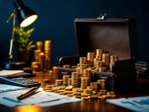 Gouden munten stromen uit leren aktetas op modern bureau met financiële documenten en rekenmachine