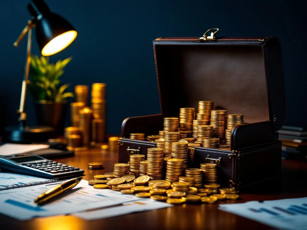 Gouden munten stromen uit leren aktetas op modern bureau met financiële documenten en rekenmachine