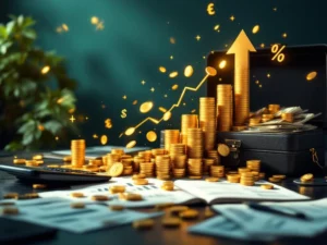 Moderne kantoorbureau met gouden munten uit calculator, financiële documenten en stijgende grafieken op teal achtergrond
