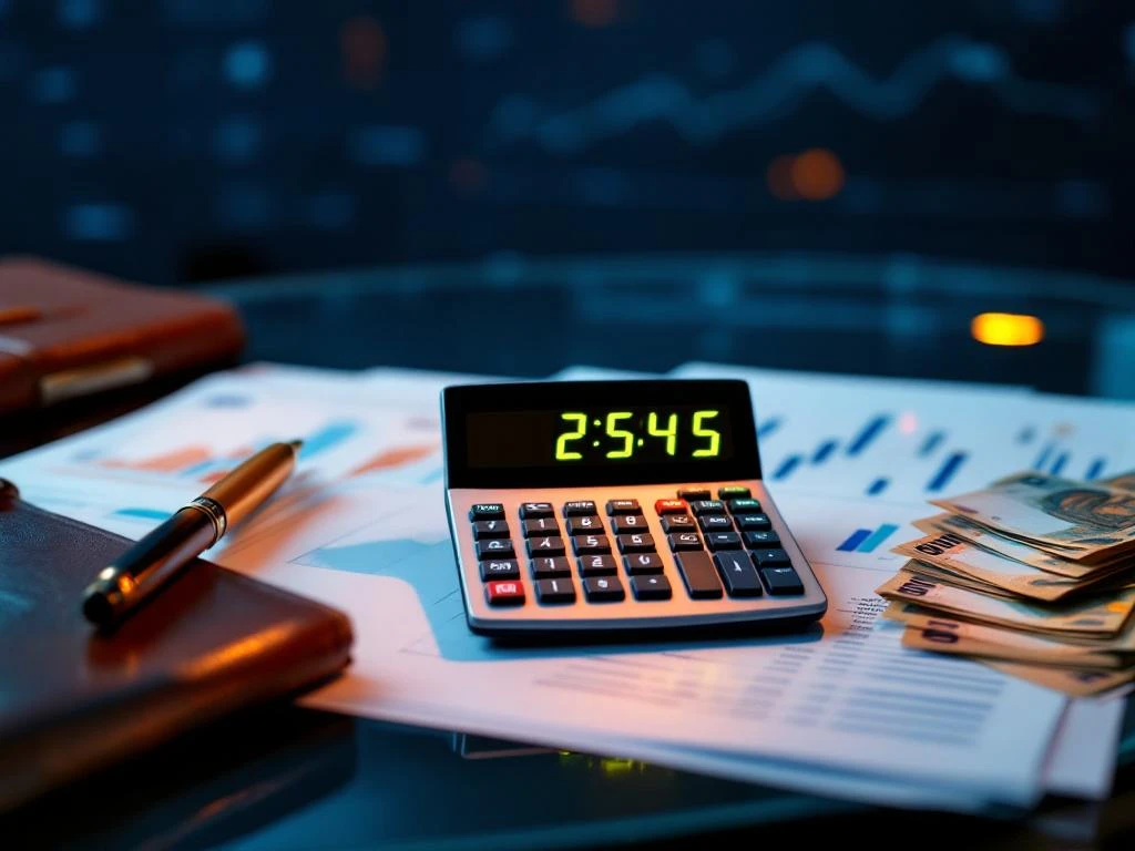 Calculator met salaris op glazen bureau omringd door financiële documenten, grafieken en euro bankbiljetten