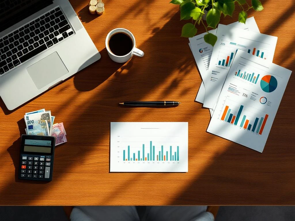 Professioneel accountantsbureau met laptop, calculator, financiële rapporten en euro bankbiljetten op houten bureau