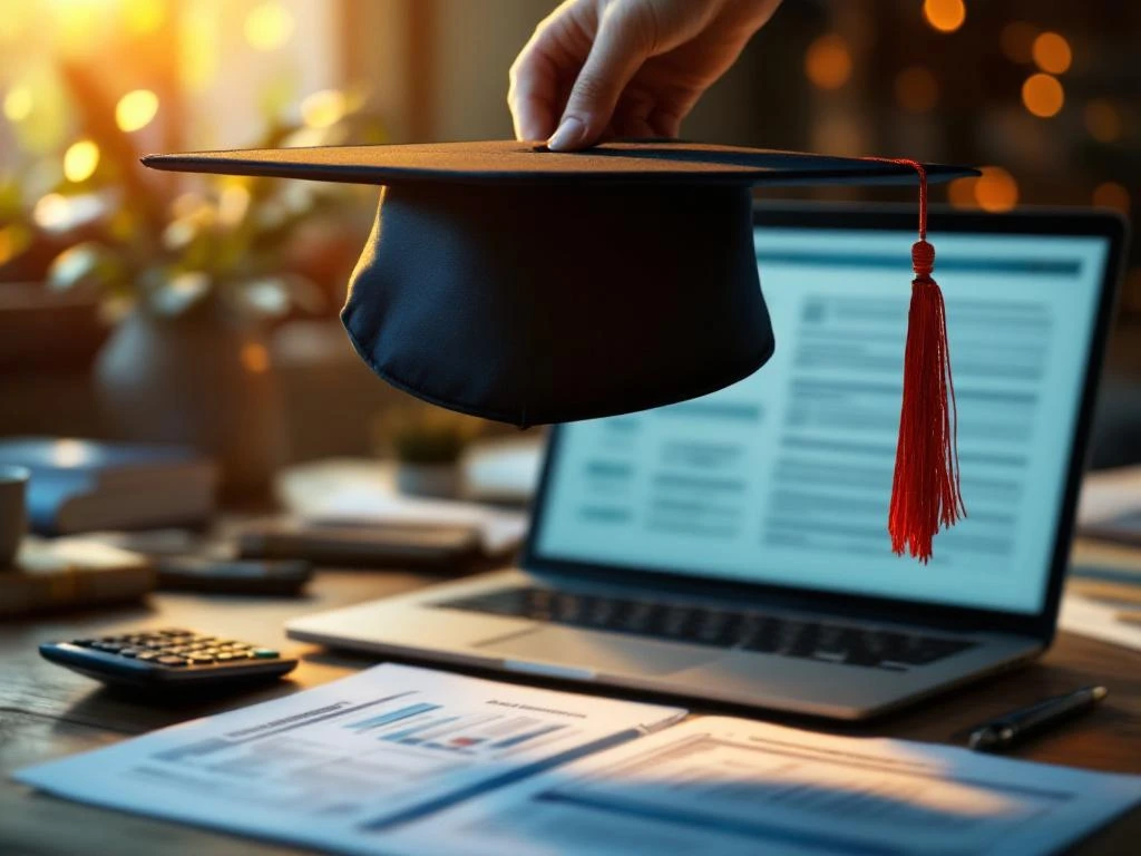 Handen houden afstudeerpet boven laptop met financiële documenten en uitkeringsformulieren op houten bureau