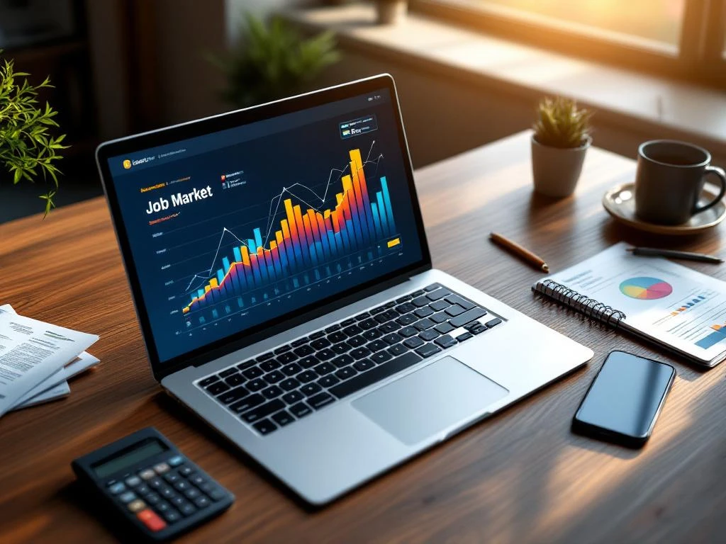 Laptop met kleurrijke banenmarkt grafieken op modern bureau met calculator, documenten en smartphone in natuurlijk licht