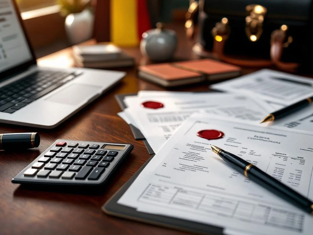 Belgische boekhoudingscertificaten met rode lakzegels op mahonie bureau naast laptop, calculator en vakteksten