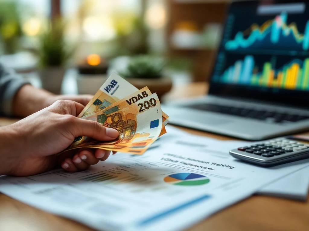 Handen houden Belgische euro's en VDAB-opleidingsdocumenten op bureau met calculator en laptop met financiële grafieken