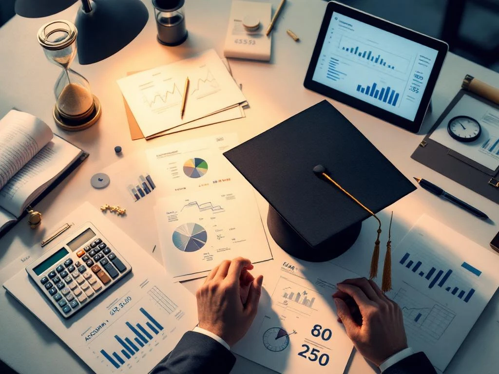Afstudeerpet op modern bureau met boekhoudboek, calculator, tablet met spreadsheets en certificaten van bovenaf gefotografeerd