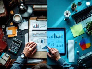 Gesplitst scherm toont traditioneel boekhoudkantoor met grootboeken links en modern digitaal kantoor met tablet rechts