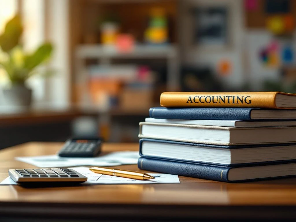 Gestapelde boekhouding studieboeken en certificaten op houten bureau met rekenmachine en gouden pen in modern kantoor