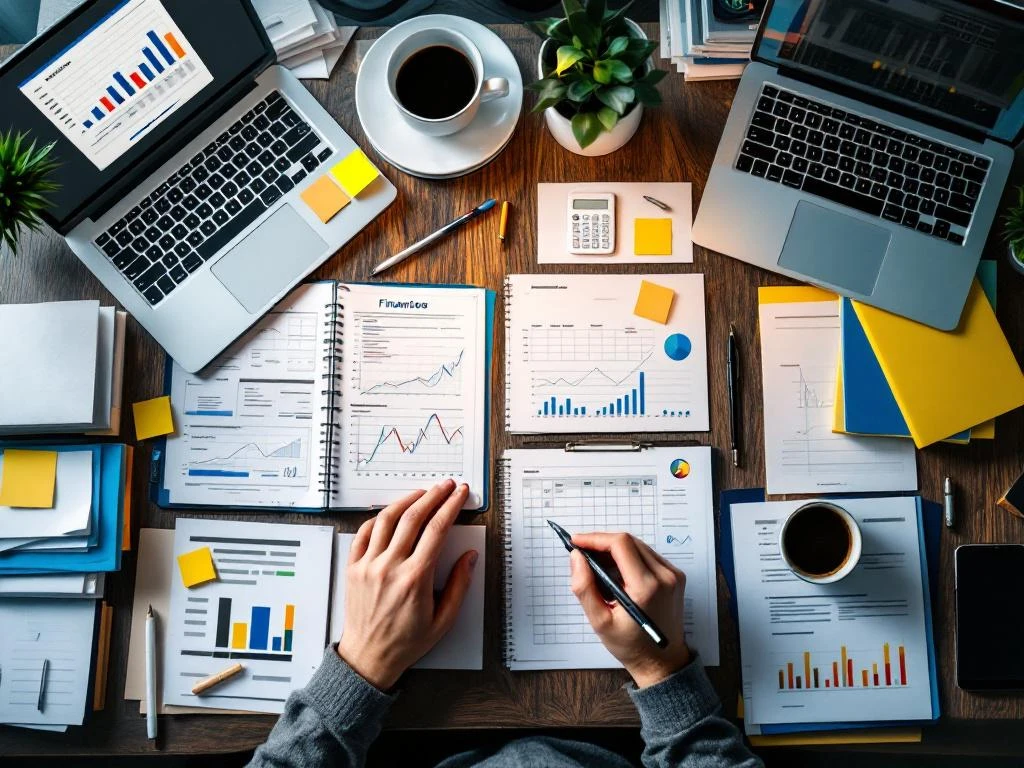Bovenaanzicht van modern boekhoudbureau met financiële documenten, rekenmachines en laptop met spreadsheetgegevens