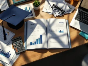 Boekhoudboek met grafieken en formules op bureau met calculator, laptop, financiële documenten en afstudeerpet