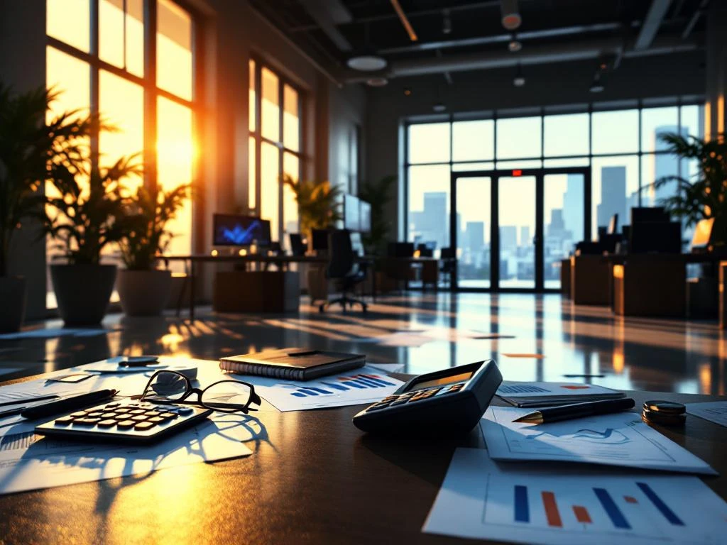 Verlaten modern boekhoudkantoor met lege bureaus, financiële documenten en dalende grafieken bij gouden zonlicht