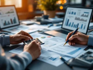 Handen met rekenmachine en financiële documenten op bureau met boekhouding studiemateriaal en laptop op achtergrond