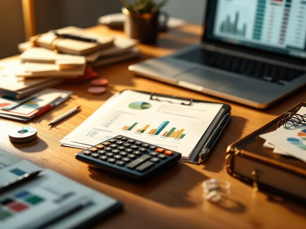 Rekenmachine en financiële documenten op houten bureau met laptop die spreadsheet toont in warm verlichte werkruimte