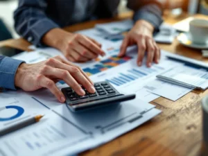 Handen werken met financiële documenten, rekenmachine en tablet met spreadsheets op modern bureau