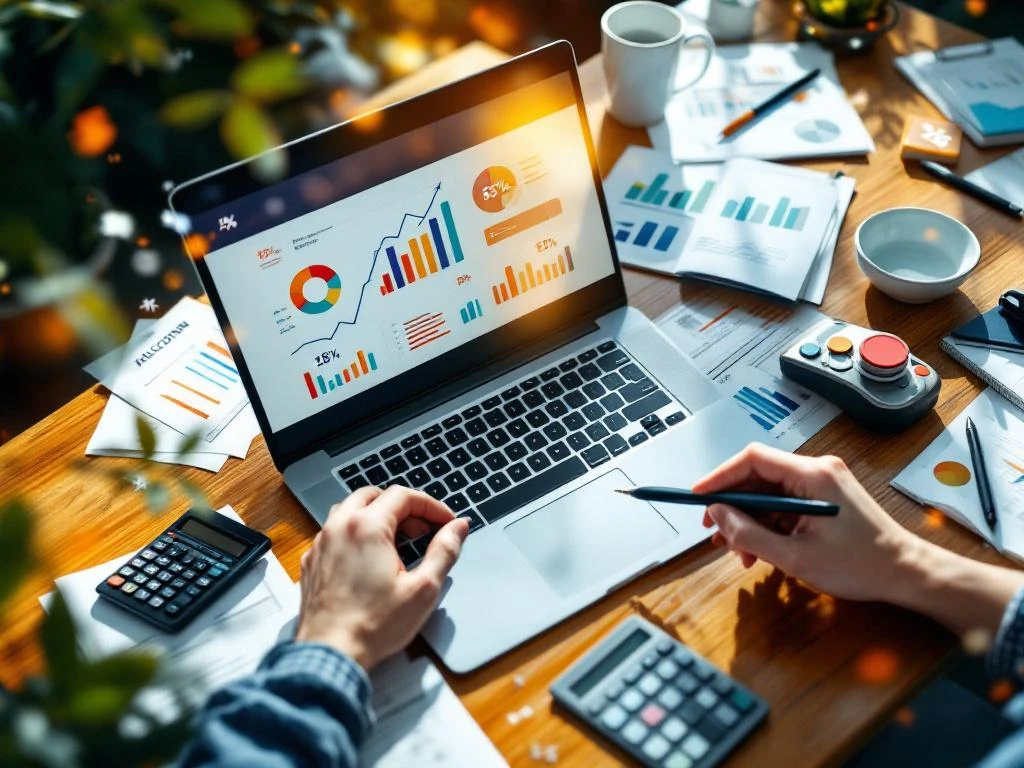 Professionele boekhoudwerkplek van bovenaf met laptop met financiële grafieken, calculator, koffie en papierwerk