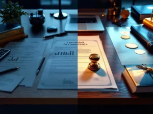 Vergelijking van twee boekhoudkundige werkplekken: basis setup links versus premium gecertificeerd accountant bureau rechts