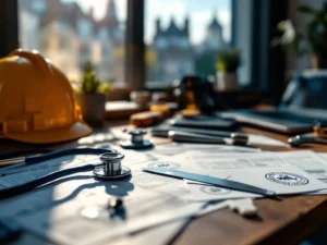 Professionele gereedschappen en KNELPUNTBEROEPEN documenten op houten bureau in Brussel met stethoscoop en helm