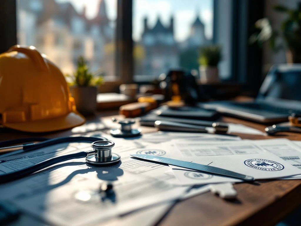Professionele gereedschappen en KNELPUNTBEROEPEN documenten op houten bureau in Brussel met stethoscoop en helm