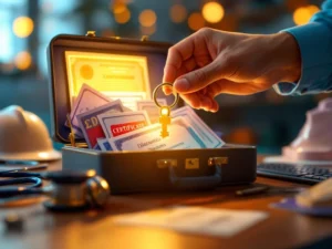 Gouden sleutel opent koffertje met diploma's en certificaten, omringd door professionele gereedschappen op houten bureau
