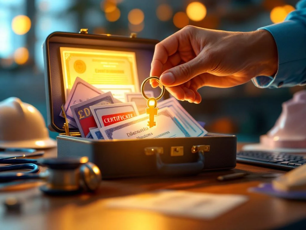 Gouden sleutel opent koffertje met diploma's en certificaten, omringd door professionele gereedschappen op houten bureau