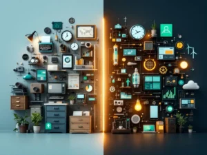 Splitscreen vergelijking van verouderde beroepen met typewriters versus toekomstbestendige carrières in technologie