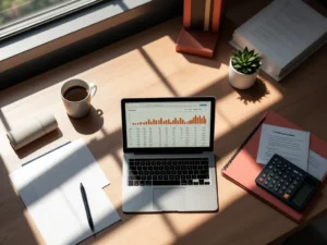 Modern bureau met laptop met spreadsheets, rekenmachine en stage-aanvraag voor financiële carrière