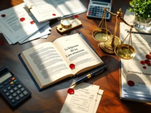 Wetboek en financiële documenten op bureau met justitieweegschaal en calculator, bovenaanzicht