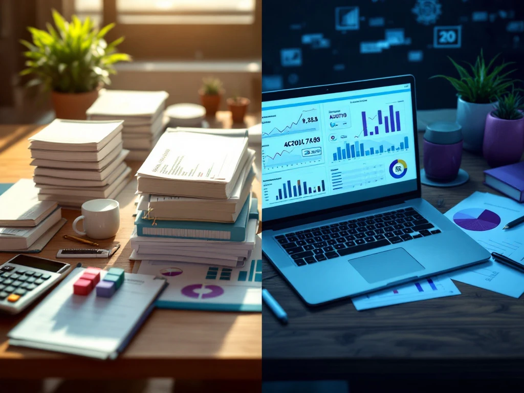 Gesplitst bureau met links boekhouddocumenten en rechts laptop met financiële grafieken en accountancycertificaten