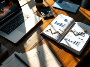 Boekhoudboek met financiële grafieken op bureau met laptop, rekenmachine en certificaat in warm licht