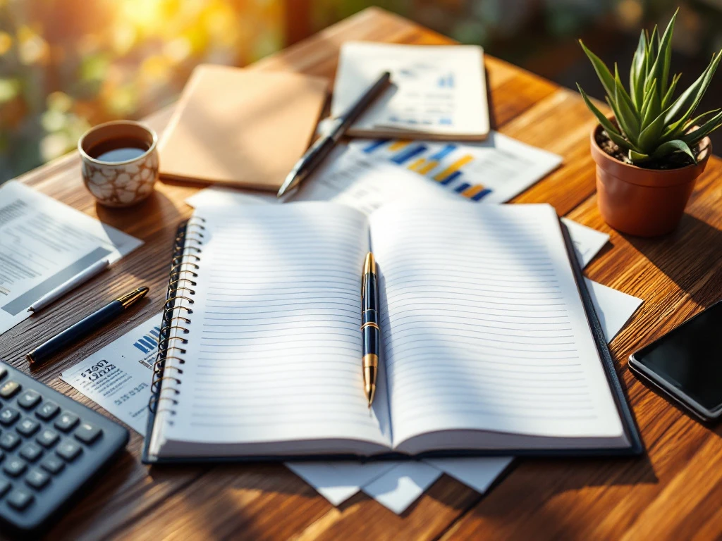 Leeg grootboek met vulpen op bureau, omringd door financiële documenten, rekenmachine en vetplant in warm licht
