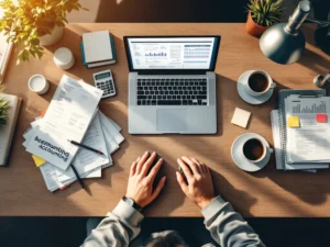 Bovenaanzicht van modern bureau met laptop met financiële spreadsheets, rekenmachine, bonnetjes en boekhouding handboek