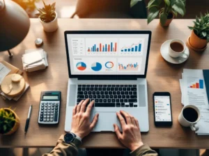 Accountant werkt aan laptop met financiële grafieken, omringd door calculator, bonnetjes en koffie op modern bureau