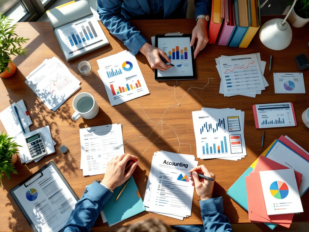 Bureau met vertakte mappen met financiële documenten, calculator en tablet die gespecialiseerde boekhoudpaden tonen