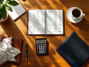 Bovenaanzicht houten bureau met boekhoudboek, rekenmachine, leren portfolio en koffie voor financiële carrière