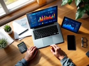 Bovenaanzicht van modern accountantsbureau met laptop met financieel dashboard, calculator en georganiseerde documenten op houten bureau.