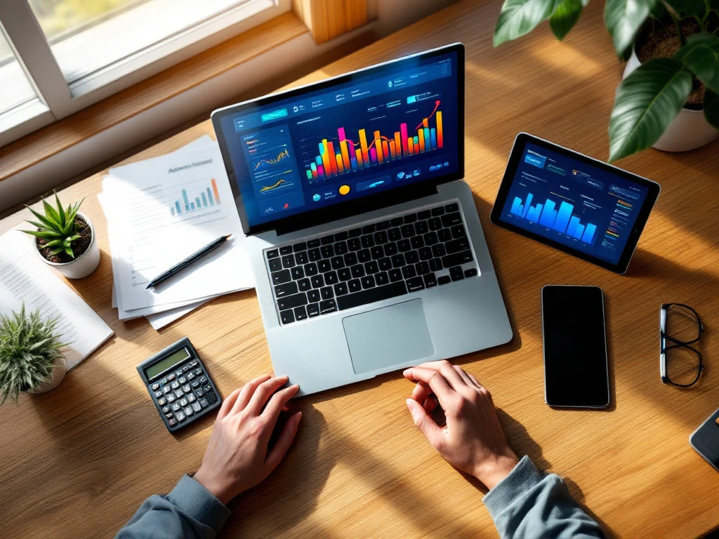 Bovenaanzicht van modern accountantsbureau met laptop met financieel dashboard, calculator en georganiseerde documenten op houten bureau.