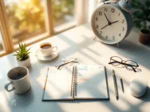 Georganiseerd bureau met klok om 9 uur, weekplanner, koffie en plant in warm ochtendlicht