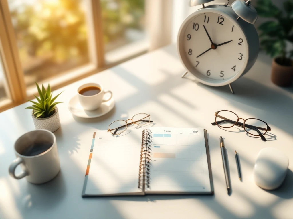 Georganiseerd bureau met klok om 9 uur, weekplanner, koffie en plant in warm ochtendlicht