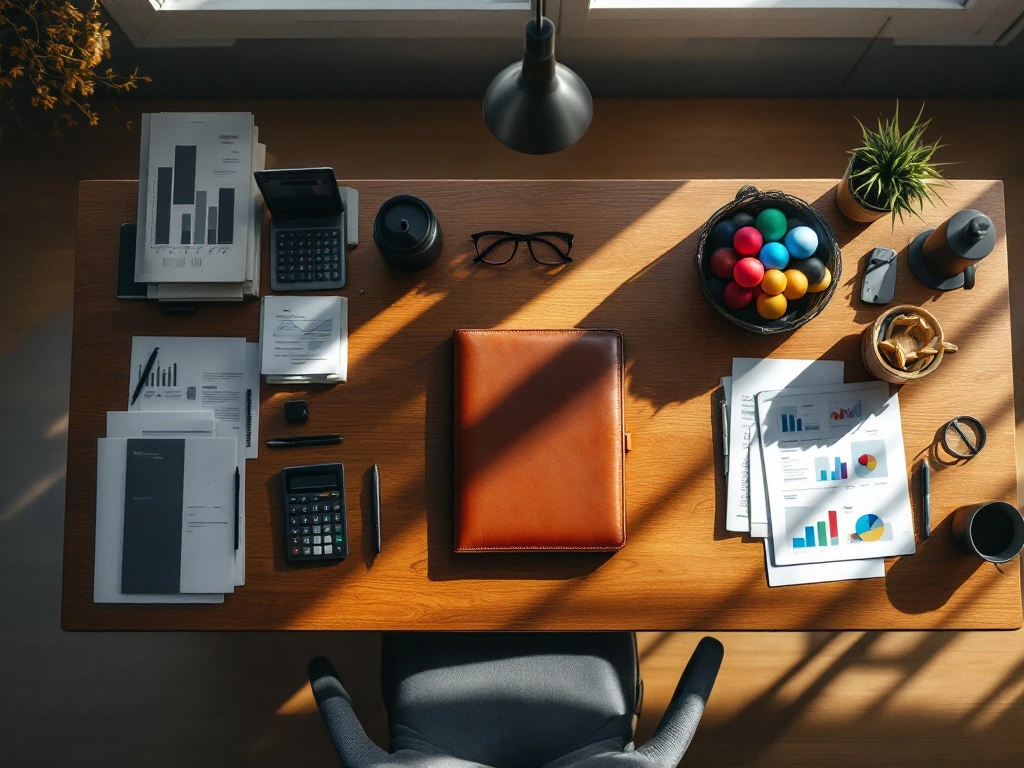 Bureau met traditionele kantoorspullen en creatieve ontwerptools gescheiden door een leren portfolio