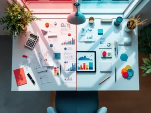 Gesplitst bureau toont algemeen werk met papieren links en georganiseerde creatieve werkruimte met tablet en ontwerptools rechts