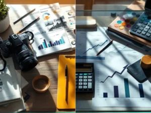 Bureau met creatieve hulpmiddelen en financiële documenten, symboliseert de verbinding tussen kunst en zakelijke carrière