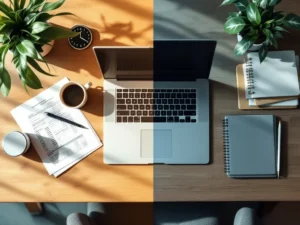 Bureau van bovenaf met laptop en spreadsheets aan werkzijde, plant en klok om 14:00 uur aan vrije tijdzijde