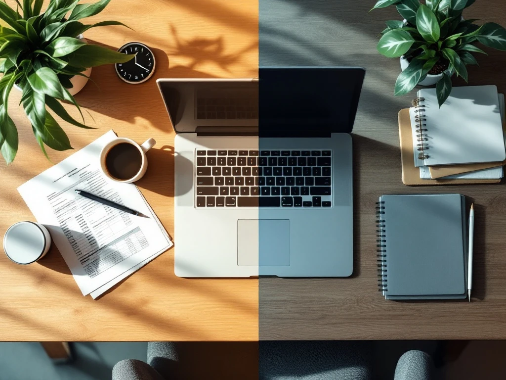 Bureau van bovenaf met laptop en spreadsheets aan werkzijde, plant en klok om 14:00 uur aan vrije tijdzijde