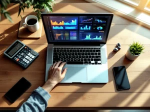 Bovenaanzicht modern bureau met laptop met data-analyse dashboards, tablet, smartphone en calculator in natuurlijk licht