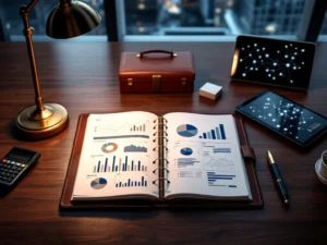 Financiële netwerkscène met portfolio, grafieken en zakelijke documenten op mahonie bureau met kantoorgebouwen op achtergrond